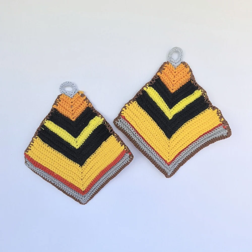 VINTAGE | Handmade Knitted Crochet Yellow & Black Kitchen Pot Holders Set Of 2